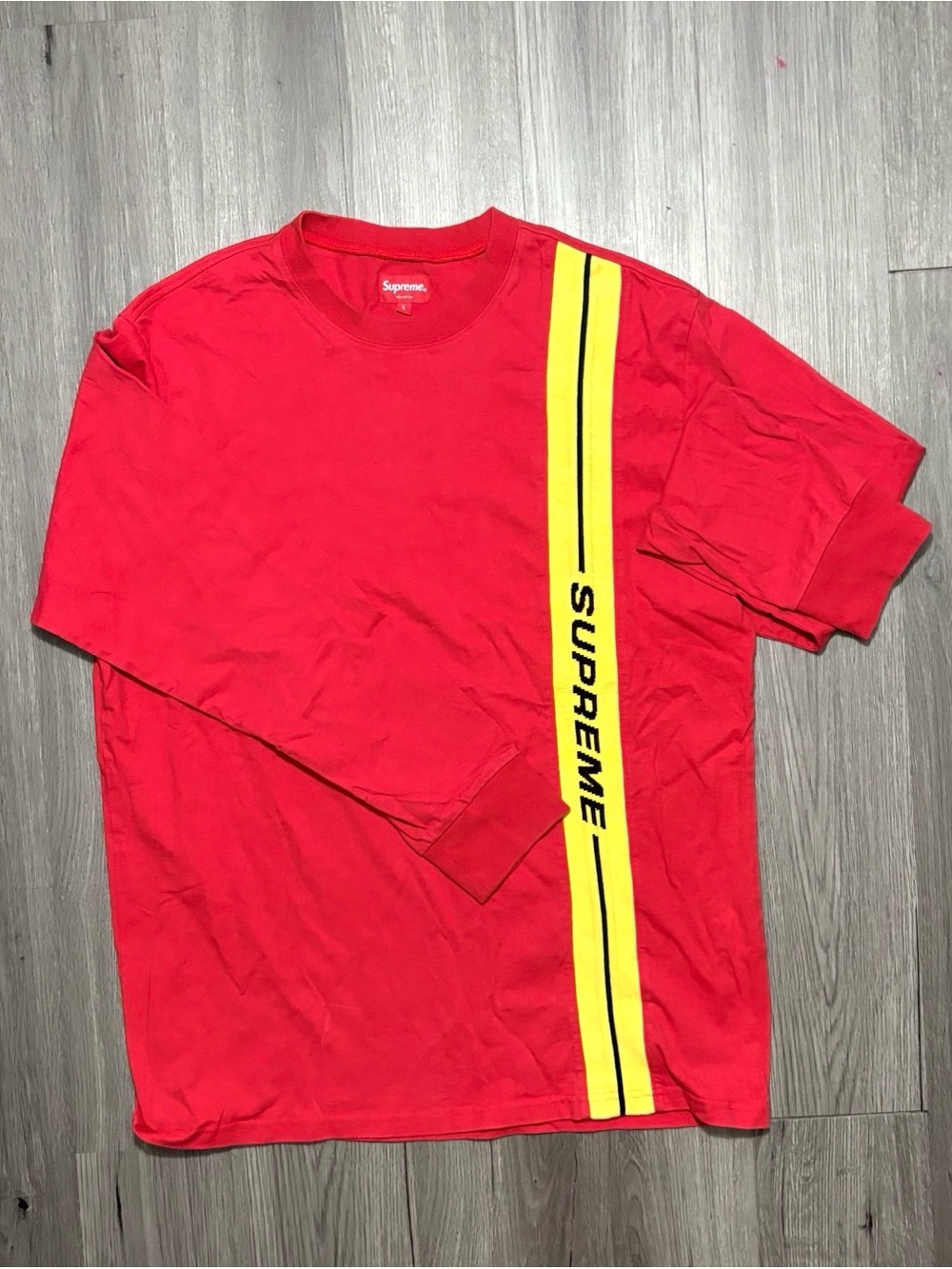 Supreme Red Long Sleeve Tee with Yellow Stripe